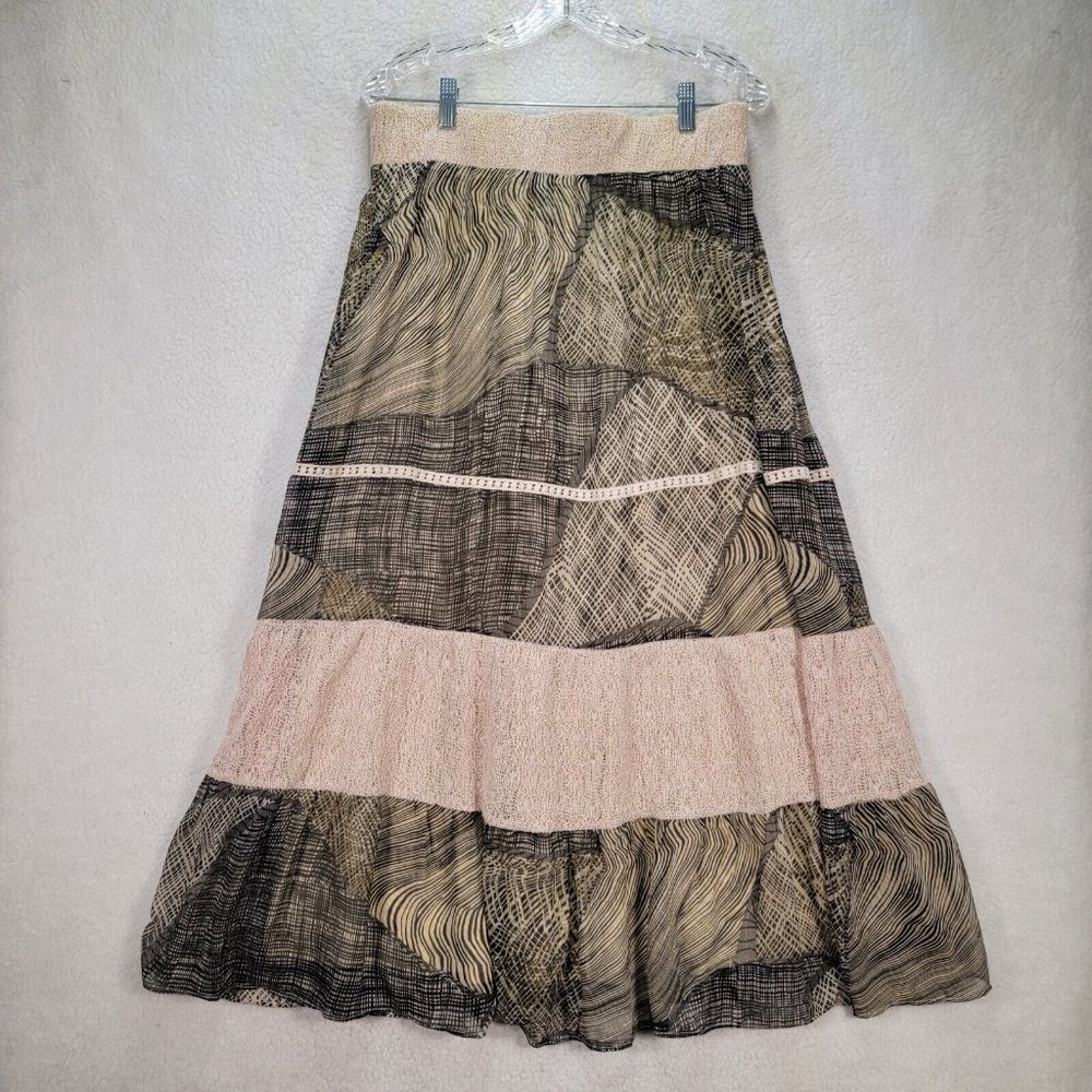 Lapis Beige Pull On Chiffon Abstract Flowy Hippie Bohemian Midi A Line Skirt